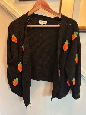 Pepaloves Black Open Cardigan Sweater with Orange Carrot Motifs
